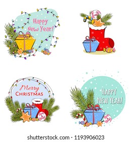 Set of Christmas banners. The design of the banner for congratulations on the new year and Christmas. Colored vector illustration in cartoon style and flat style.