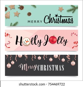 Set of Christmas banners design with ribbons, Christmas ornaments, cookies, pine cones and fir branches