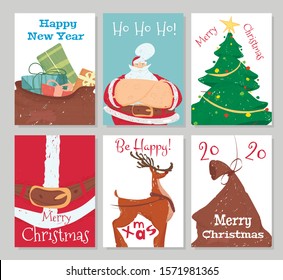 Set of Christmas Banners, Flyers or Greeting Cards with Festive Elements and Typography for Print. Sack with Gifts, Santa Claus, Fir Tree, Reindeer, 2020 New Year Cartoon Flat Vector Illustration