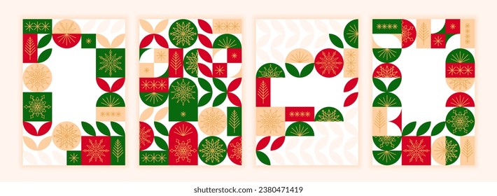 Set of Christmas banners with geometric pattern in red and green colors, snowflakes and Christmas trees