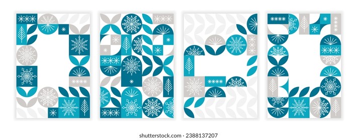 Set of Christmas banners with geometric pattern in blue colors, snowflakes and Christmas trees