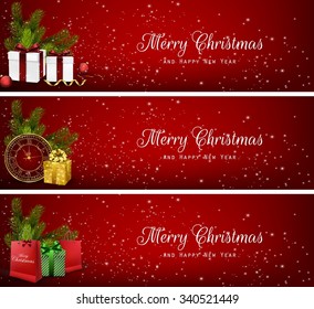 Set of christmas banners with gift boxes,bag and clock.Vector