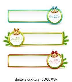 Set of Christmas banners with golden bells and fir tree branches, illustration.