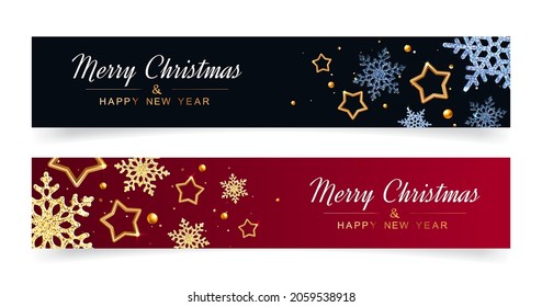 Set of Christmas banners with golden stars and snowflakes.