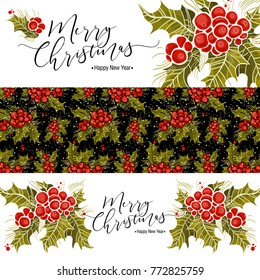 set of christmas banners with holly branch and inscription. Vector illustration, Great design element for congratulation cards, print and web and other