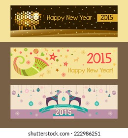 Set of christmas banners. New year 2015. Sheep, Christmas decorations, cornucopia. Vector. Christmas background with goats.