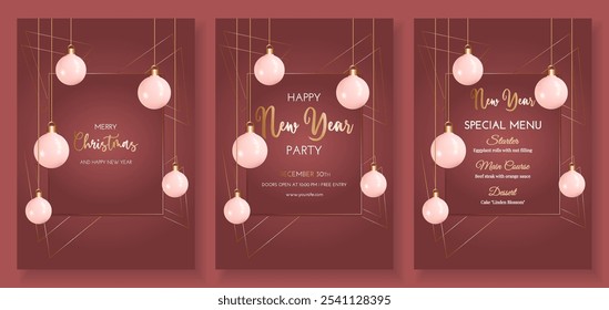Set of Christmas banners on dark red  background with New Year's balls. Golden triangles. Winter vector illustration, New Year poster, greeting card