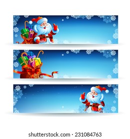 Set of christmas banners with Santa Claus bag of gifts. Snowflakes. Winter holiday