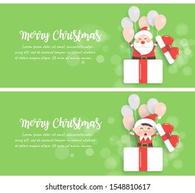 set of christmas banners with santa and elf standing in a gift box in paper cut and craft style.