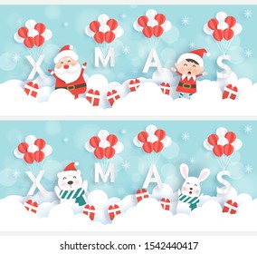 set of Christmas banners with Santa and friends in paper cut and craft style. 