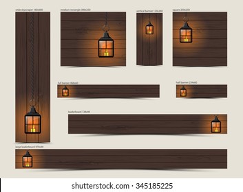 Set of christmas banners, vintage black lantern with burning candle on dark brown wooden background, vector illustration, eps 10 with transparency and gradient meshes
