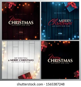 Set of Christmas banners. Wooden Xmas Background design of sparkling lights garland, with gifts box. New Year Poster, greeting cards, headers, website