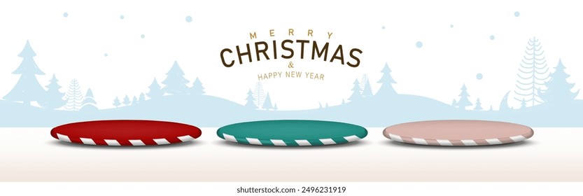 Set of Christmas base. Collection of circle Red, Green, Brown base, stripes patterns on winter forest scene blue background. Stage empty for product advertising. Vector illustration.