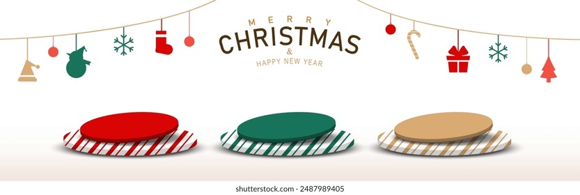 Set of Christmas base. Collection of Red, Green, Brown base tilted on  stripes pedestal with Christmas elements hanging  on white background. Stage empty for product advertising. Vector illustration.