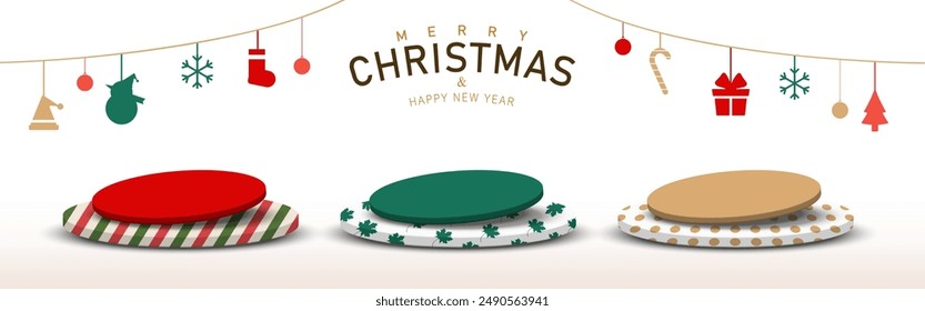 Set of Christmas base. Collection of Red, Green, Brown base tilted on  stripes, maple leaf and dots pattern pedestal with Christmas elements hanging  on white background. Vector illustration.