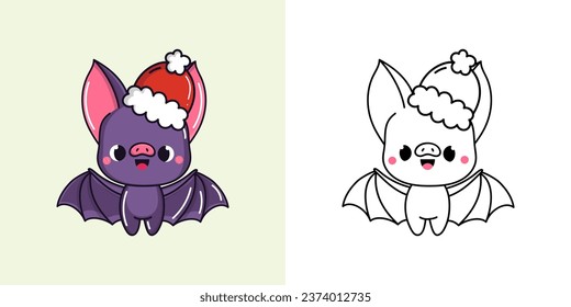 Set Christmas Bat Multicolored and Black and White. Kawaii Clip Art Christmas Animal. Cute Vector Illustration of a Kawaii Animal for Christmas Stickers. 