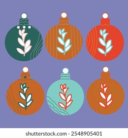 Set Of Christmas Bauble With Stripes And Floral Line Cartoon Illustration