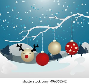 A set of Christmas baubles against a winter scene with trees