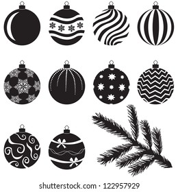 A set of Christmas baubles decorated with various patterns and branch for decoration