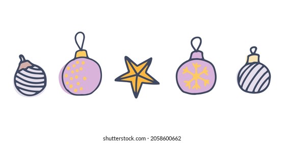 Set of christmas baubles. Decoration isolated elements on a white background. Doodles vector illustration