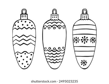 Set of Christmas baubles. Decoration isolated elements. Hand drawn vector illustration.