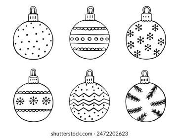 Set of christmas baubles. Hand drawn vector illustration in outline style.