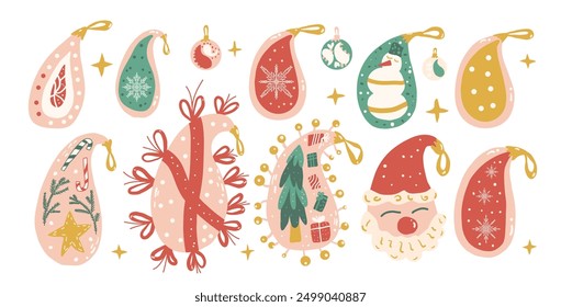 Set of Christmas baubles. Happy New Years and Xmas balls and decoration kit. Vector hand drawn flat collection illustration isolated on white background.