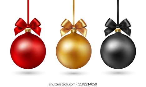 Set of Christmas baubles with ribbon and a bow on white background. Vector illustration. Gold, black and red color