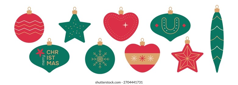 Un conjunto de Navidades de adornos con varios patrones, como rayas, estrellas y copos de nieve. Decoraciones de diciembre para la tarjeta de felicitación de la Navidad, diseño del elemento