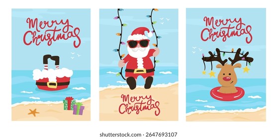 Set of Christmas at the beach, holidays cards. Tropical Christmas greeting card set with cute Santa Claus, and deer.
