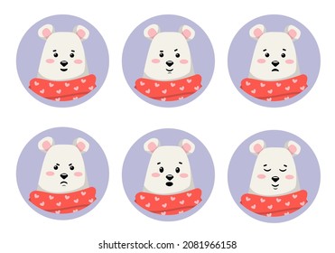 Set of christmas bear emotions in red hat and scarf