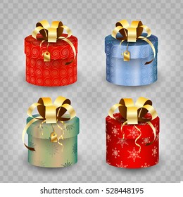Set of christmas beautiful wrapped gift boxes with bows, ribbons isolated on transparent background. Vector decoration elements collection. 