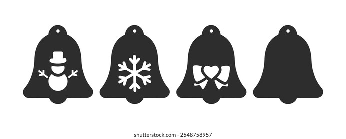 Set of Christmas bell design for earrings, pendant or keychain. New Year jewelry silhouette cutting template. Laser cut with leather, wood or metal. Vector illustration file