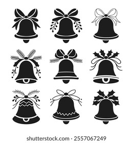 Set of Christmas Bell Silhouette Vector Icons – Festive Holiday Decoration Designs