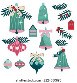 Juego de campanas de Navidad.   Puede utilizarse para textiles, papel de envoltura, papel pintado y fondo. Haz tu propio diseño. Ilustración vectorial.