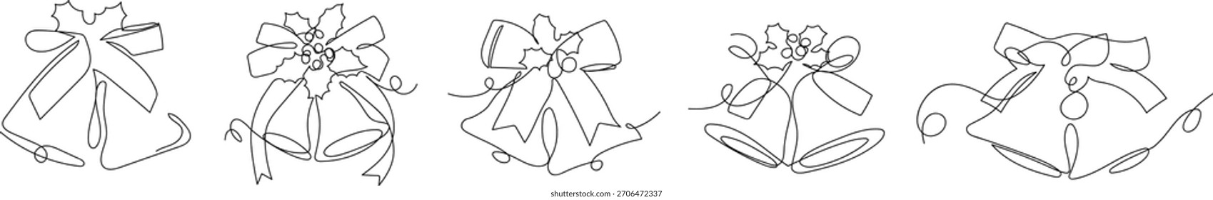 Set of Christmas bells in one continuous line. vector drawing.