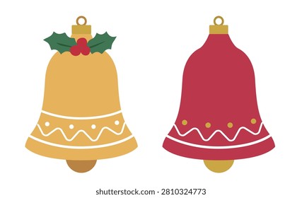 Set of Christmas Bells Ornament Flat Stock Vector Illustration.
Festive Xmas Golden and Red Jingle Bells Set.
Cute Holiday Hanging Christmas Bell Decorative Icon Design.
White background.