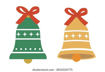 Set of Christmas Bells with Red Bow Flat Stock Vector Illustration.
Festive Xmas Green and Golden Jingle Bells Set.
Cute Holiday Hanging Christmas Bell Decorative Icon Design.
White background.