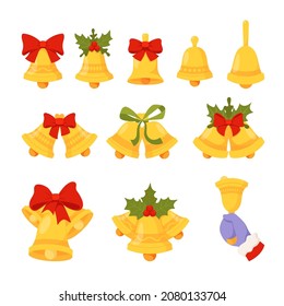 Set of Christmas Bells with Red Ribbon and Foliage, Santa Hand Ring Bell. Xmas Holidays Decor, Design Elements for Greeting Cards Isolated on White Background. Cartoon Vector Illustration, Icons