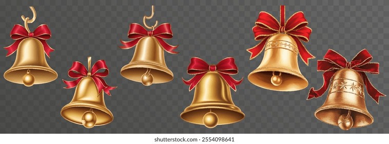 Set of Christmas bells with red ribbon on isolated png background. Vector bells png.