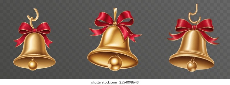 Set of Christmas bells with red ribbon on isolated png background. Vector bells png.