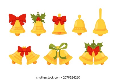 Set of Christmas Bells with Red Ribbons, Mistletoe and Foliage, Xmas Holidays Decor, Design Elements for Greeting Cards, Jingle Bells Isolated on White Background. Cartoon Vector Illustration, Icons