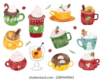 Set of Christmas Beverages Water Color Style Illustration