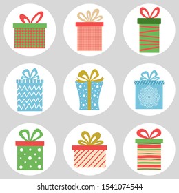 Set of Christmas and birthday gift wrapping boxes. Holiday package with tape colorful vector illustration. Greeting design hand drawn elements.