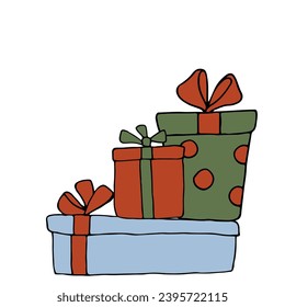 Set of Christmas or birthday gifts, New Year presents, gift boxes with ribbons, vector illustration in flat style ,doodle hand drawn isolate on white, blue , red and green color for different design