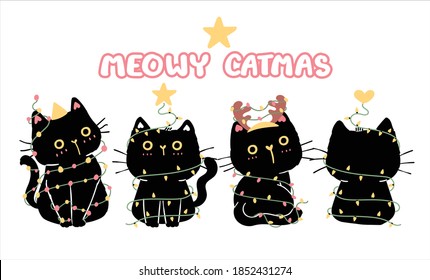 set of Christmas black cat in tree shape with lights bulb string. kawaii animal Kitty kitten. Cute cartoon character. isolated Flat vector illustration