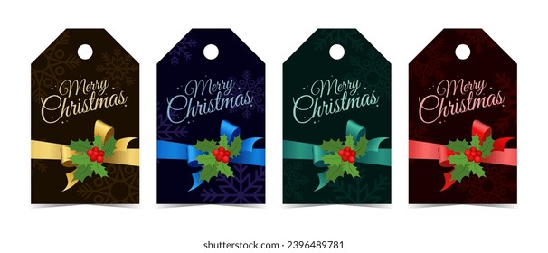 Set of Christmas black tags for gifts with colorful bows