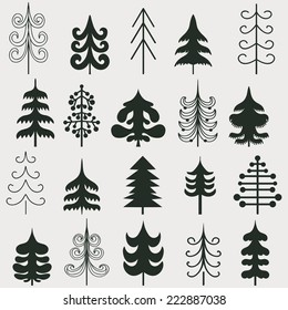 Set of Christmas black trees isolated on white background. Vector illustration. Graphic design editable for your design.