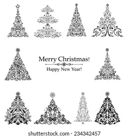 set of christmas black trees isolated on White background. Vector illustration