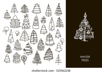 Set of Christmas black trees isolated on white background. Vector illustration. Graphic design editable for your design.